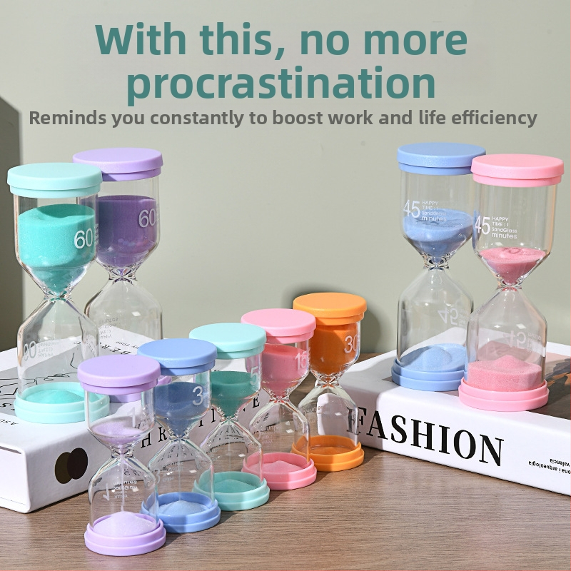 Macaron Time Hourglass Timer – Ručno izrađeno; plast + visok borosilikatno staklo + silikon; moderan minimalistički dizajn; opcije odbrojavanja: 1, 3, 5, 10, 15, 20, 30, 45, 60 minuta; idealan kao dar