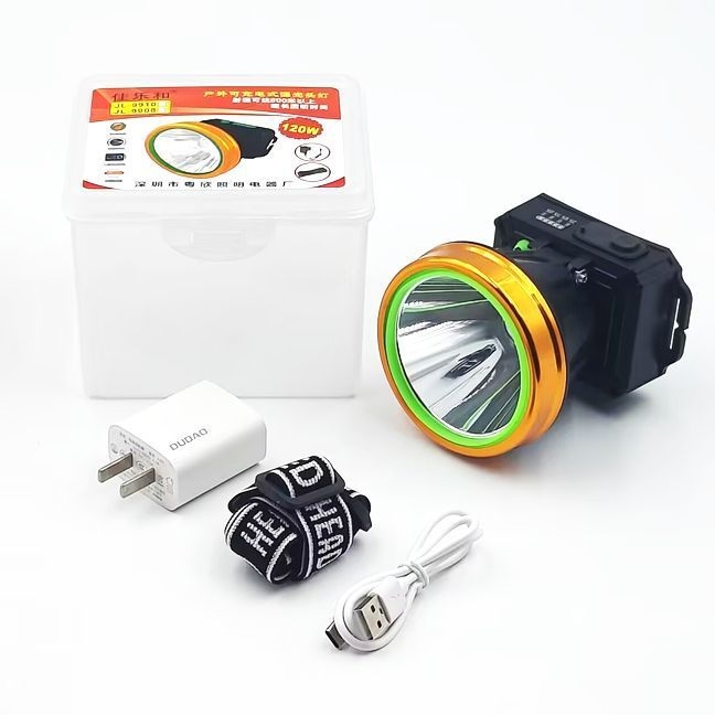 Napajana LED čelna lampica, 120W, baterija 4800 mAh, domet 200–500 m, na glavi