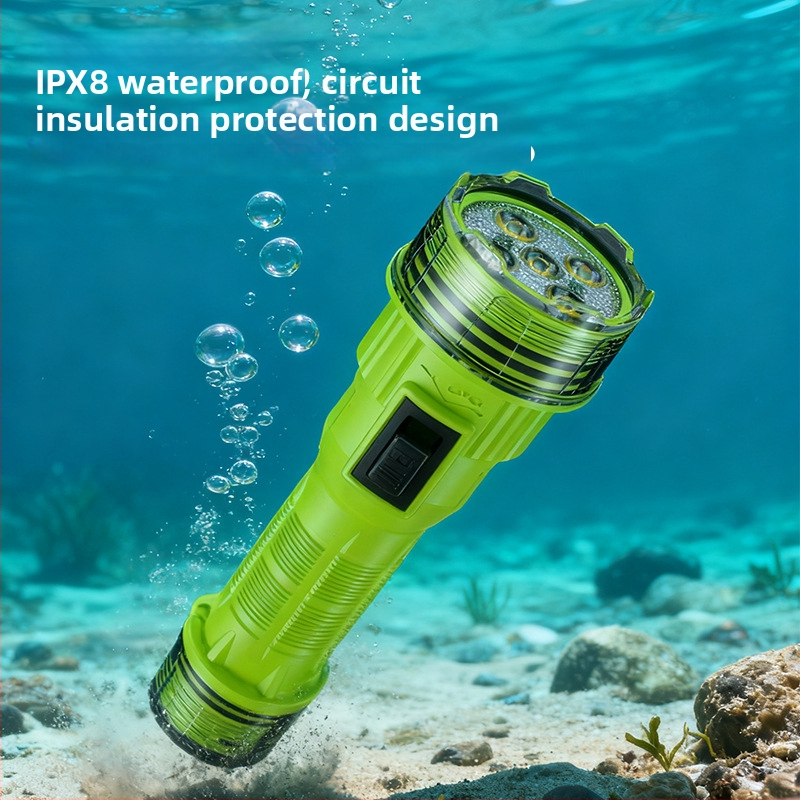 Lanternă profesională subacvatică pentru scufundări — iluminare LED rezistentă la apă, 10W, baterie reîncărcabilă de 1800mAh, rază de acțiune 200–500m, lanternă de urgență multifuncțională