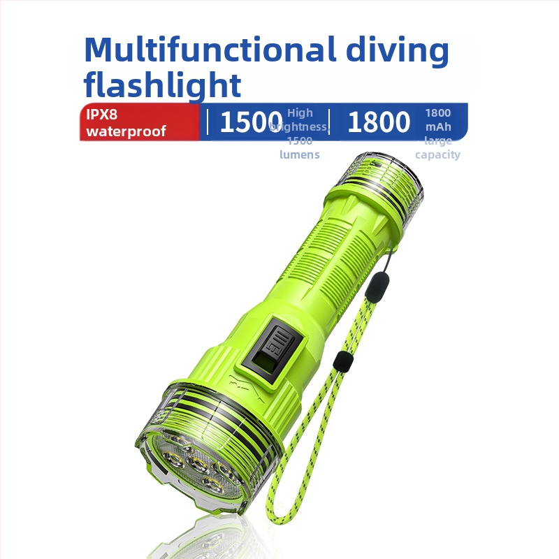 Lanternă profesională subacvatică pentru scufundări — iluminare LED rezistentă la apă, 10W, baterie reîncărcabilă de 1800mAh, rază de acțiune 200–500m, lanternă de urgență multifuncțională