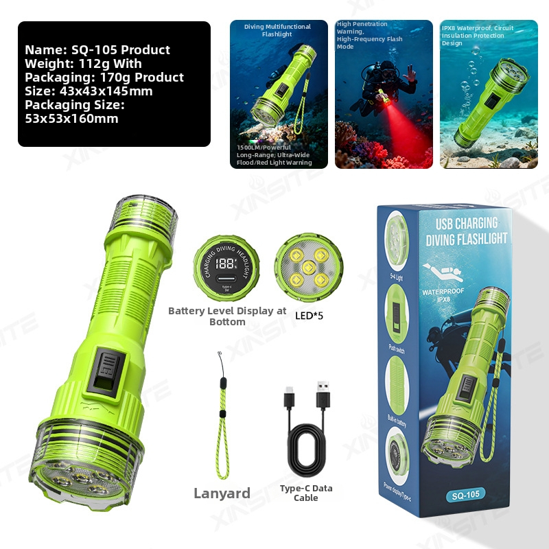 Lanternă profesională subacvatică pentru scufundări — iluminare LED rezistentă la apă, 10W, baterie reîncărcabilă de 1800mAh, rază de acțiune 200–500m, lanternă de urgență multifuncțională