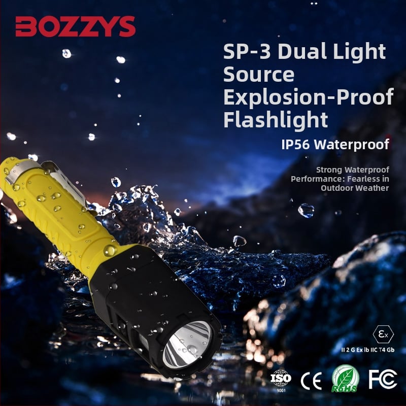 BOZZYS eksplozijski otporna LED baterijska svjetiljka, izvor svjetla: žarulja + LED, 360° okret, domet 100–200 m, trajanje baterije ≥15 h