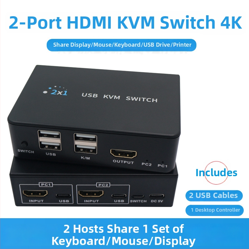 KVM διακόπτης HDMI, 2 εισόδοι, 1 έξοδος, 4K60Hz, κοινή χρήση πληκτρολογίου και ποντικιού, εναλλαγή με hotkey