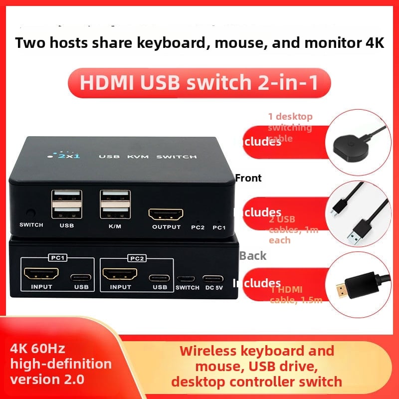 KVM διακόπτης HDMI, 2 εισόδοι, 1 έξοδος, 4K60Hz, κοινή χρήση πληκτρολογίου και ποντικιού, εναλλαγή με hotkey