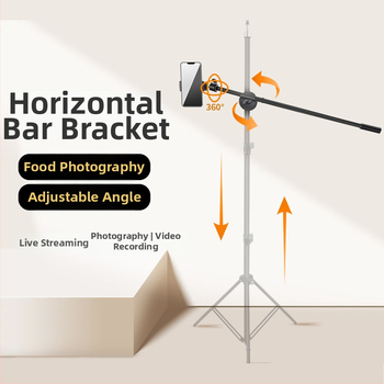 Podová trojnožka s vodorovnou tyčou na živé vysielanie s tabletom/telefónom, s výsuvným ramenom. Materiál: železná rúrka; Nosnosť: 2–5 kg; Priemer rúry: 16–19 mm; Počet uzlov: 1; Hmotnosť: 180 g