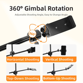 Podová trojnožka s vodorovnou tyčou na živé vysielanie s tabletom/telefónom, s výsuvným ramenom. Materiál: železná rúrka; Nosnosť: 2–5 kg; Priemer rúry: 16–19 mm; Počet uzlov: 1; Hmotnosť: 180 g