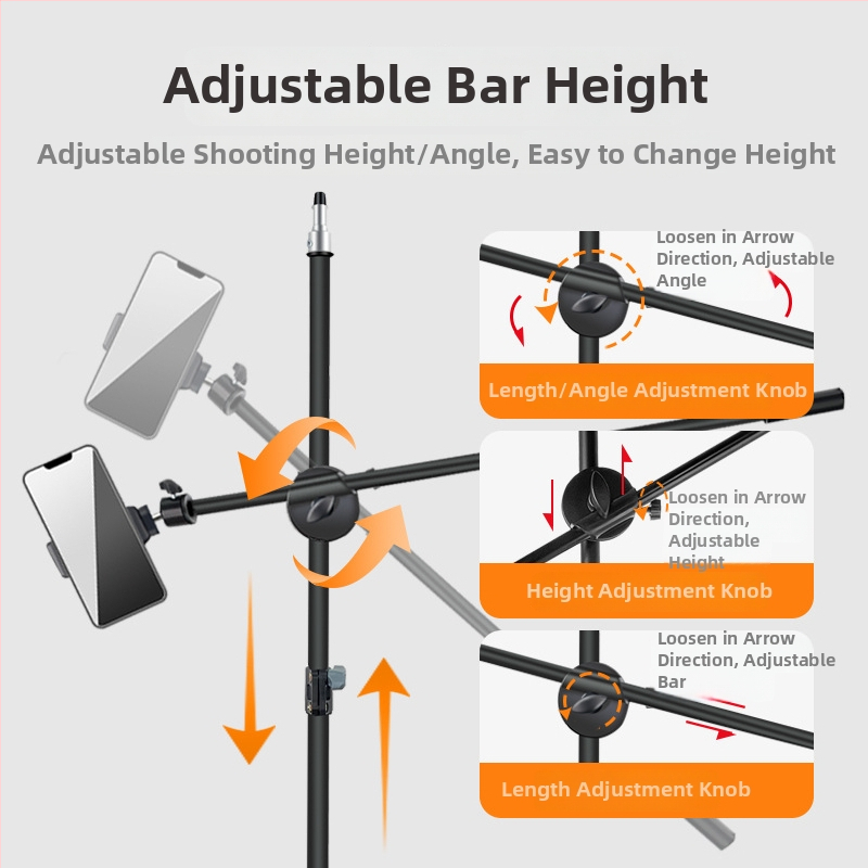 Podová trojnožka s vodorovnou tyčou na živé vysielanie s tabletom/telefónom, s výsuvným ramenom. Materiál: železná rúrka; Nosnosť: 2–5 kg; Priemer rúry: 16–19 mm; Počet uzlov: 1; Hmotnosť: 180 g