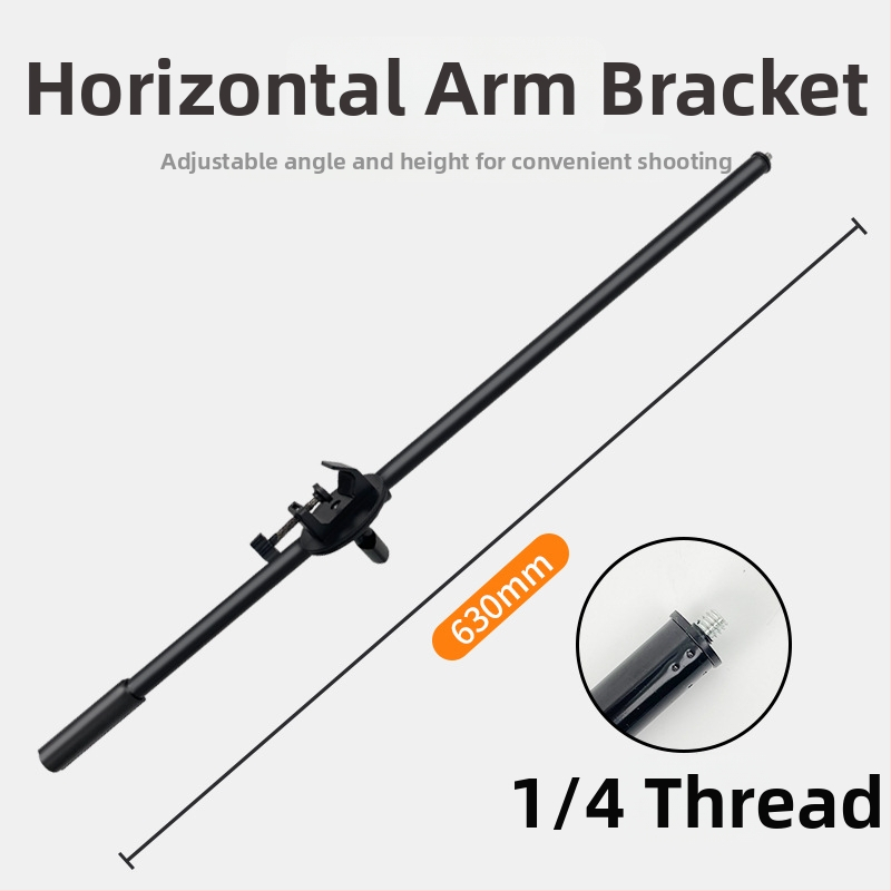Podová trojnožka s vodorovnou tyčou na živé vysielanie s tabletom/telefónom, s výsuvným ramenom. Materiál: železná rúrka; Nosnosť: 2–5 kg; Priemer rúry: 16–19 mm; Počet uzlov: 1; Hmotnosť: 180 g