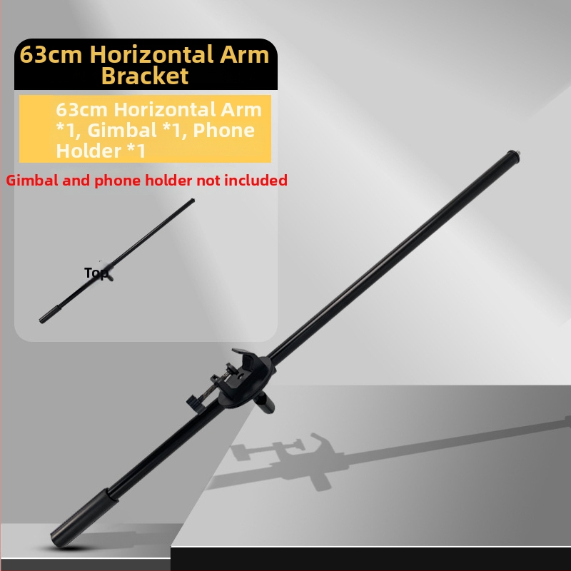 Podová trojnožka s vodorovnou tyčou na živé vysielanie s tabletom/telefónom, s výsuvným ramenom. Materiál: železná rúrka; Nosnosť: 2–5 kg; Priemer rúry: 16–19 mm; Počet uzlov: 1; Hmotnosť: 180 g