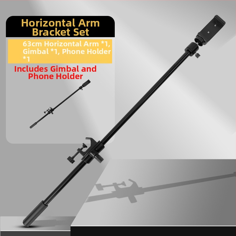 Podová trojnožka s vodorovnou tyčou na živé vysielanie s tabletom/telefónom, s výsuvným ramenom. Materiál: železná rúrka; Nosnosť: 2–5 kg; Priemer rúry: 16–19 mm; Počet uzlov: 1; Hmotnosť: 180 g