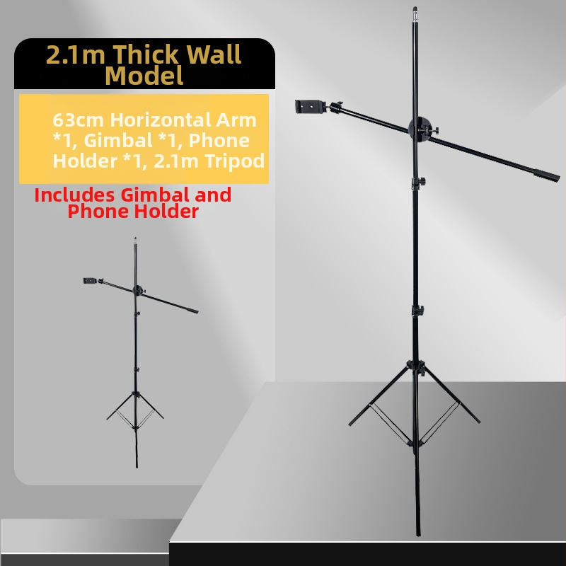 Podová trojnožka s vodorovnou tyčou na živé vysielanie s tabletom/telefónom, s výsuvným ramenom. Materiál: železná rúrka; Nosnosť: 2–5 kg; Priemer rúry: 16–19 mm; Počet uzlov: 1; Hmotnosť: 180 g