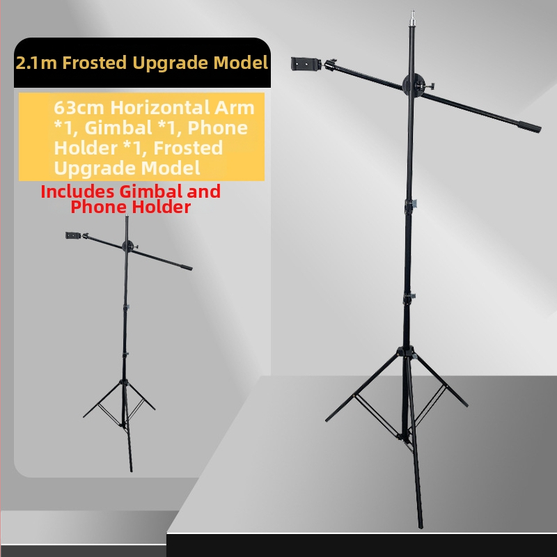 Podová trojnožka s vodorovnou tyčou na živé vysielanie s tabletom/telefónom, s výsuvným ramenom. Materiál: železná rúrka; Nosnosť: 2–5 kg; Priemer rúry: 16–19 mm; Počet uzlov: 1; Hmotnosť: 180 g