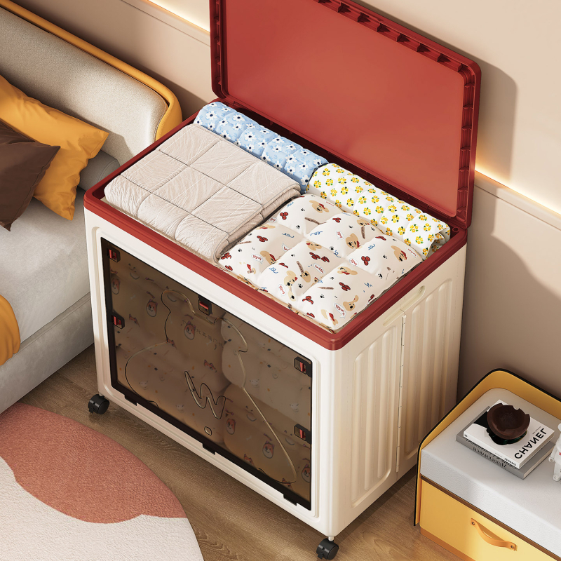 PP műanyag tároló doboz fedővel, hajtogatható, 100–150 L kapacitás, görgőkkel