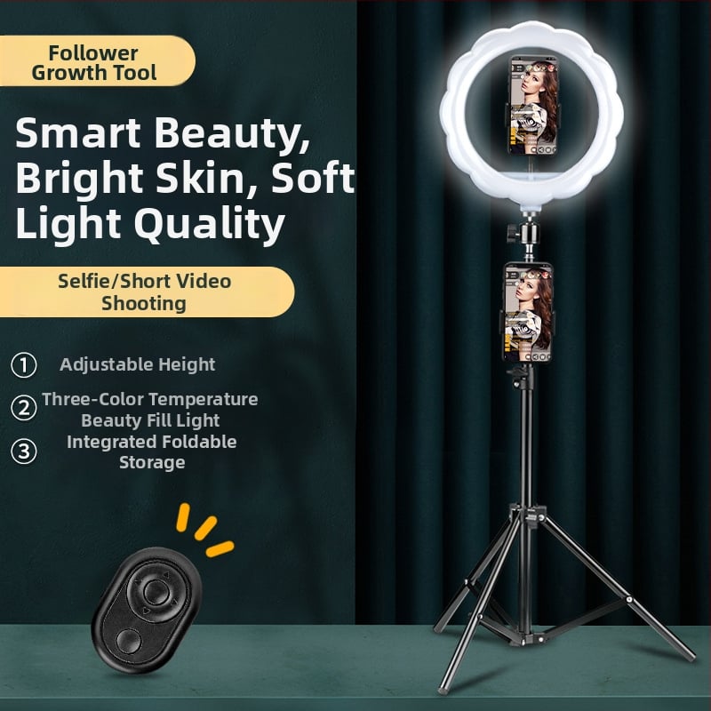 Virág formájú LED világítás élő közvetítéshez és stúdiófotózáshoz, összecsukható tripoddal telefonhoz, modell FH-10inch + 2.1 m készlet, 51–100W