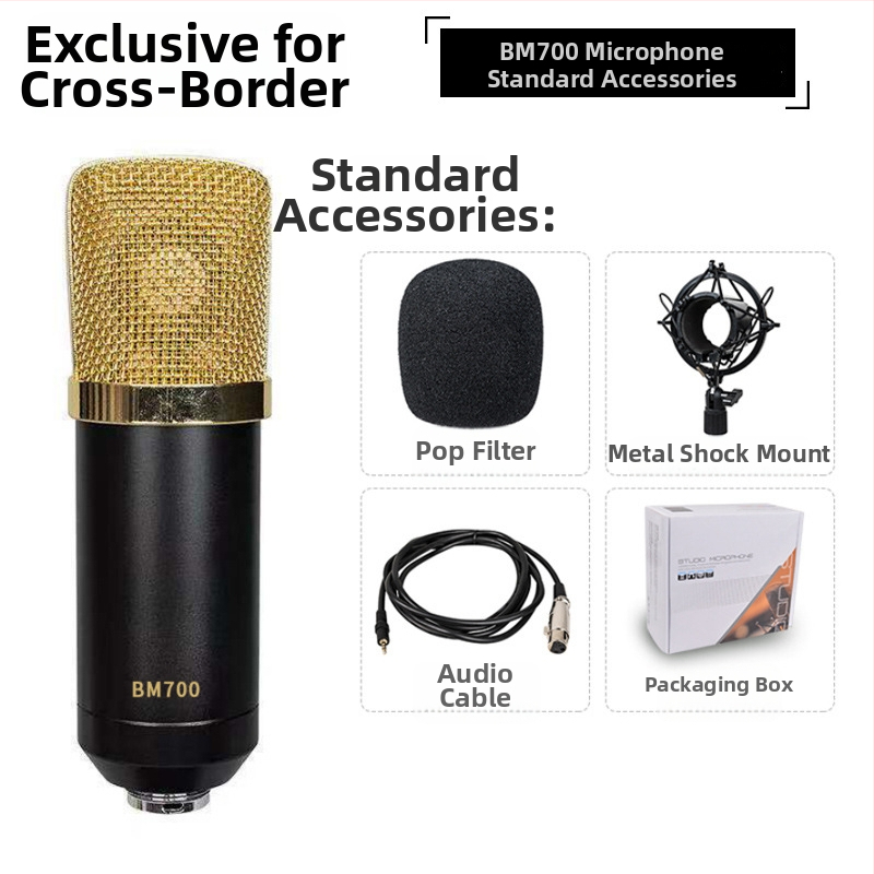 BM700 USB Kondenzátorový Mikrofón pre Živé Vysielanie s Kardioidnou Odozvou, 20 Hz–20 kHz, SNR ≥85 dB, USB Kompletná Sada