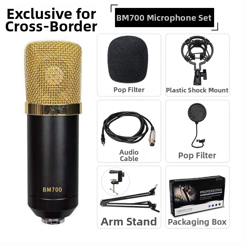 BM700 USB Kondenzátorový Mikrofón pre Živé Vysielanie s Kardioidnou Odozvou, 20 Hz–20 kHz, SNR ≥85 dB, USB Kompletná Sada