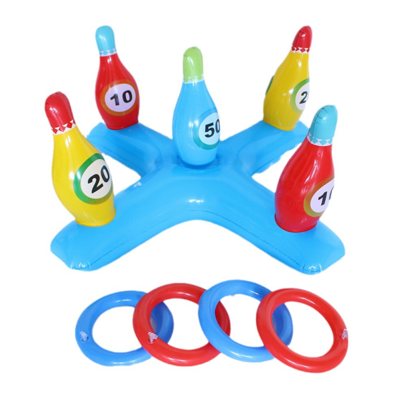 PVC felfújható bowling készlet vízi játékokhoz, gyűrű dobálós játék, 7–14 éveseknek, beltéren és kültéren, kempingezéshez.