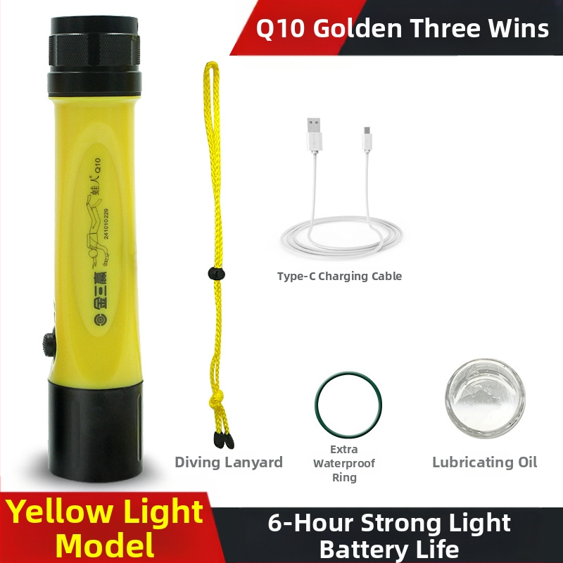 Potápačská LED baterka s dlhým lúčom, telo z hliníkovej zliatiny a tvrdého plastu, IPX8 vodotesnosť, plávajúca verzia Q10