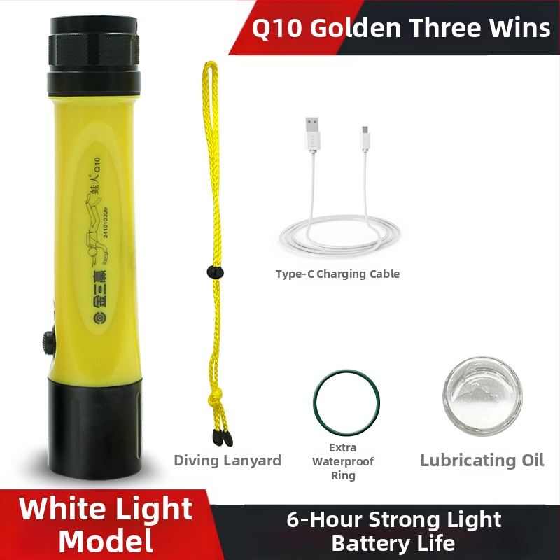 Potápačská LED baterka s dlhým lúčom, telo z hliníkovej zliatiny a tvrdého plastu, IPX8 vodotesnosť, plávajúca verzia Q10