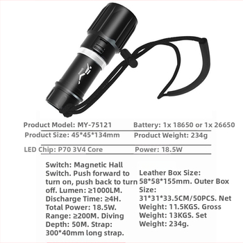 Potápačské svetlo z hliníkovej zliatiny, vysoký jas, dlhá výdrž, magnetický spínač, dvojité použitie vo vode aj na súši.