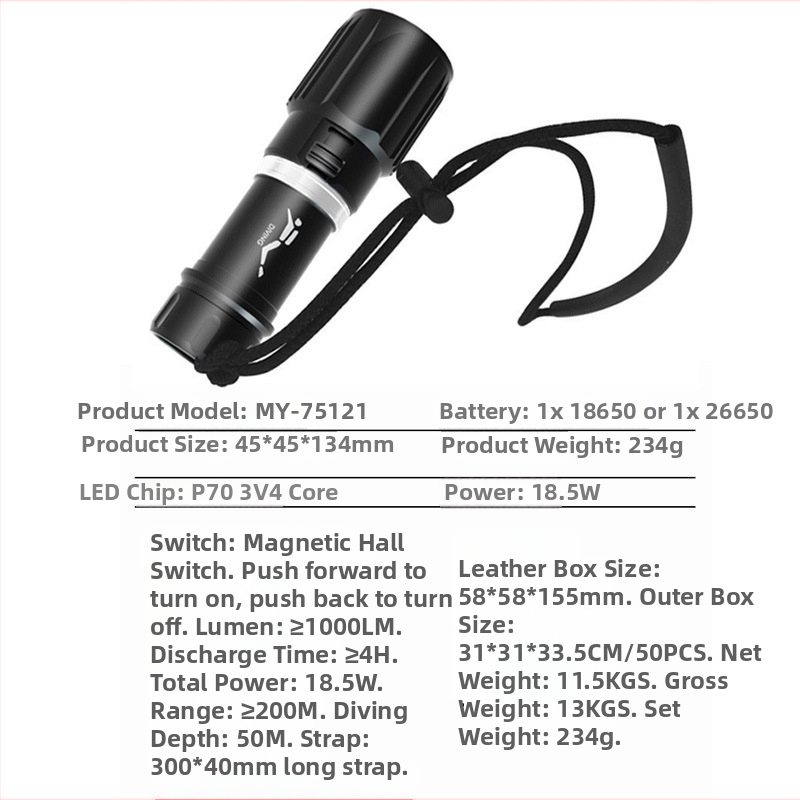 Potápačské svetlo z hliníkovej zliatiny, vysoký jas, dlhá výdrž, magnetický spínač, dvojité použitie vo vode aj na súši.