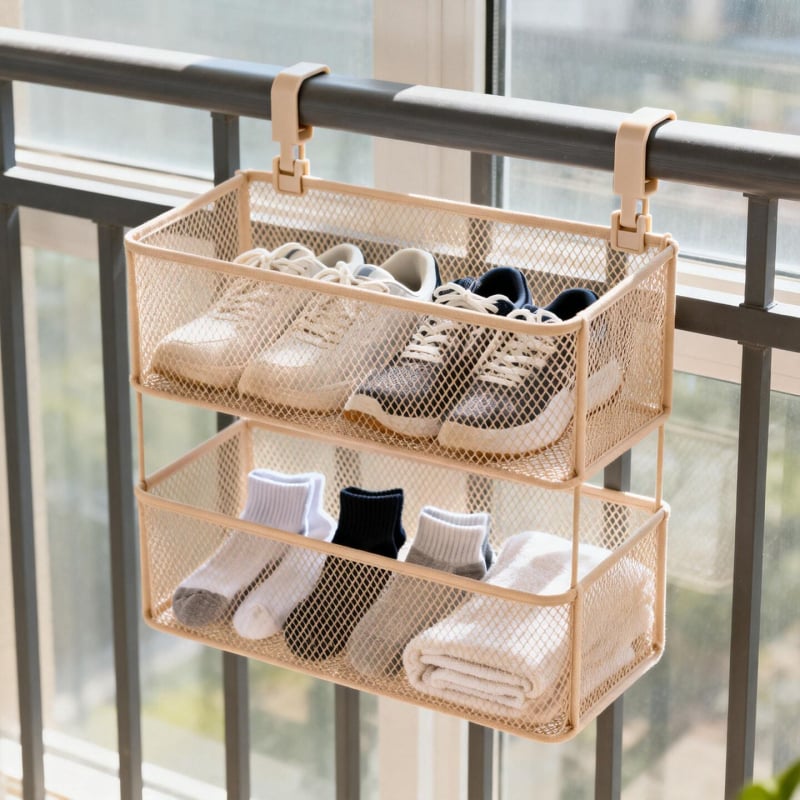 Falaszerelhető, több emeletes cipőállvány függő kosárral és védőkorláttal, fúrás nélküli telepítés