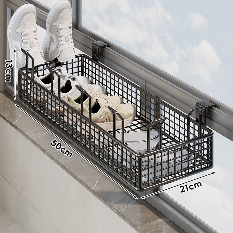 Falaszerelhető, több emeletes cipőállvány függő kosárral és védőkorláttal, fúrás nélküli telepítés