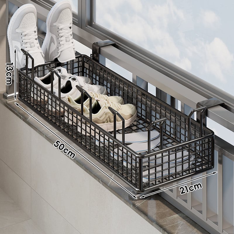 Falaszerelhető, több emeletes cipőállvány függő kosárral és védőkorláttal, fúrás nélküli telepítés