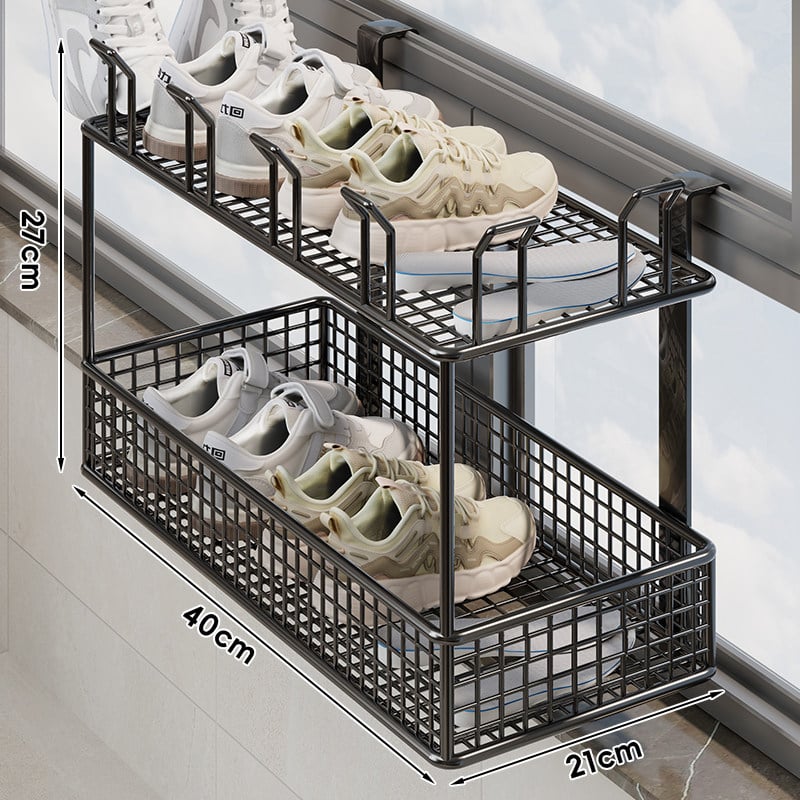 Falaszerelhető, több emeletes cipőállvány függő kosárral és védőkorláttal, fúrás nélküli telepítés