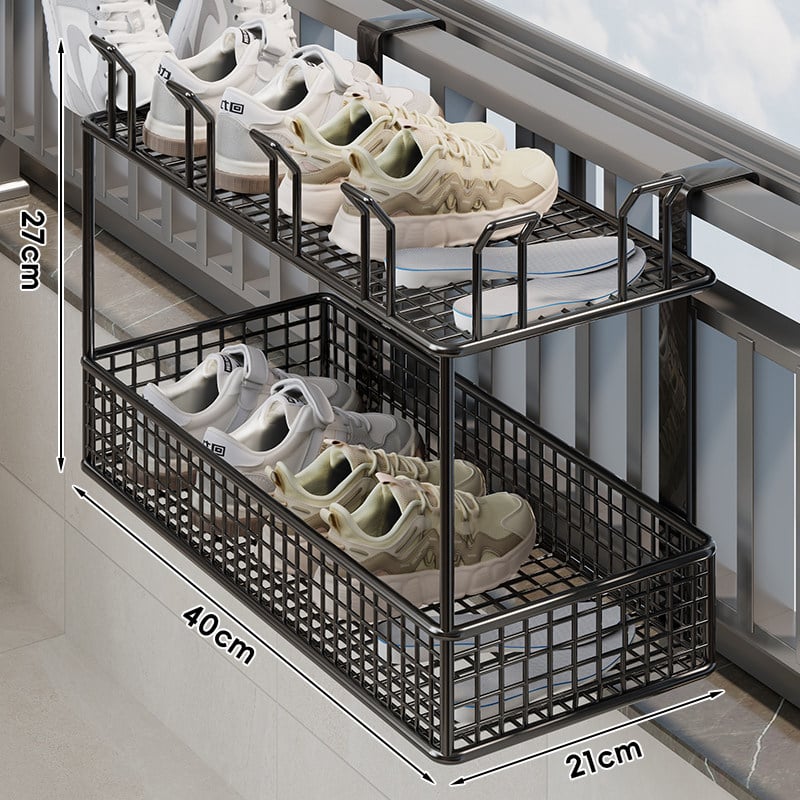 Falaszerelhető, több emeletes cipőállvány függő kosárral és védőkorláttal, fúrás nélküli telepítés