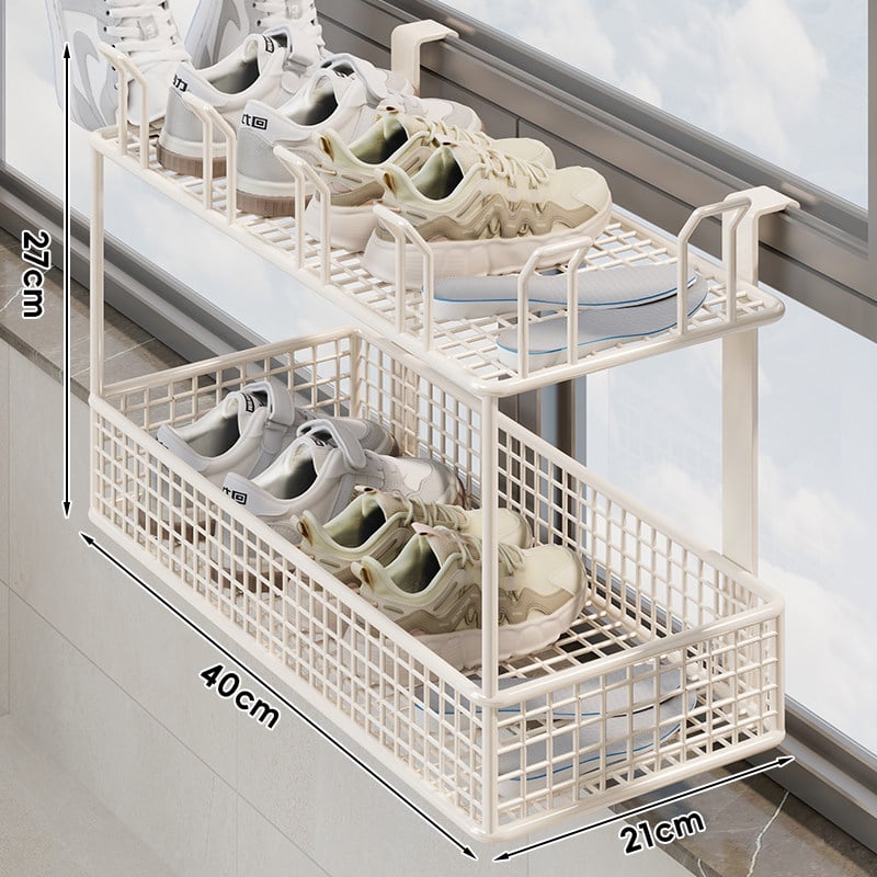 Falaszerelhető, több emeletes cipőállvány függő kosárral és védőkorláttal, fúrás nélküli telepítés