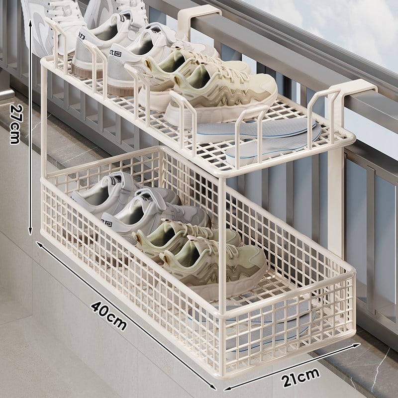 Falaszerelhető, több emeletes cipőállvány függő kosárral és védőkorláttal, fúrás nélküli telepítés