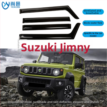 Dažďový štít pre okno Suzuki Jimny 2007-2023, 3- a 5-dverový model; Materiál: akryl/PS/PC; Inštalácia: samolepiaca alebo inline; Spracovanie: injekcia/blister