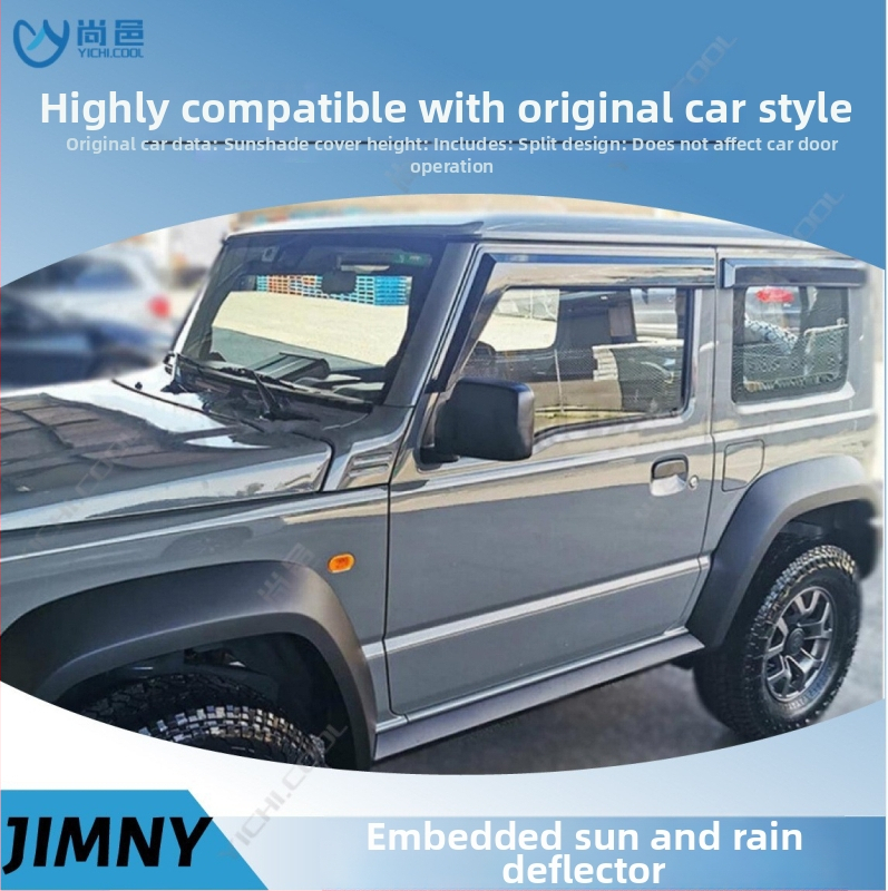Dažďový štít pre okno Suzuki Jimny 2007-2023, 3- a 5-dverový model; Materiál: akryl/PS/PC; Inštalácia: samolepiaca alebo inline; Spracovanie: injekcia/blister