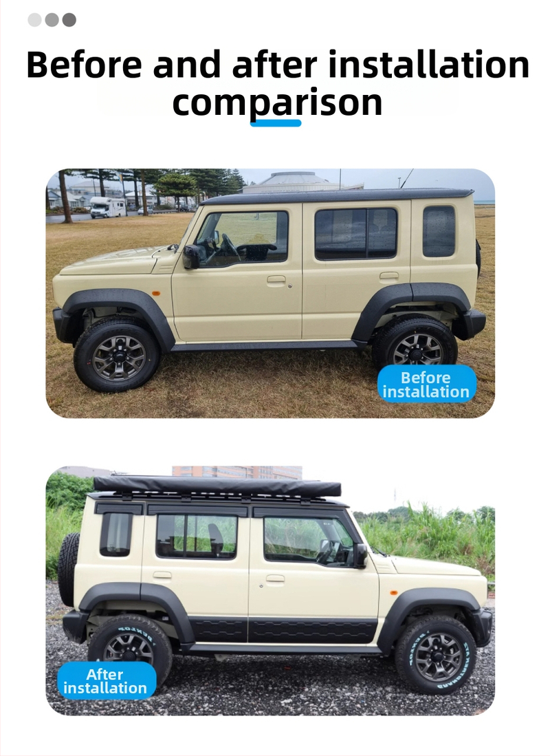 Dažďový štít pre okno Suzuki Jimny 2007-2023, 3- a 5-dverový model; Materiál: akryl/PS/PC; Inštalácia: samolepiaca alebo inline; Spracovanie: injekcia/blister