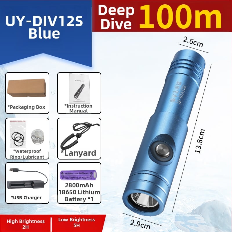 LED potápačská baterka, ultra jasná, vodotesná, dobíjateľná, pre hlboké potápanie a použitie na suchu aj na mori