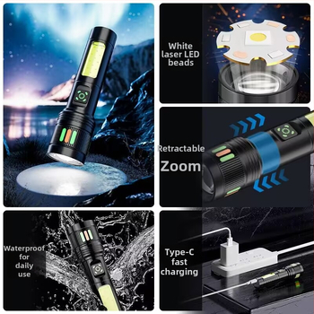 Hosszú hatótávolságú zseblámpa lézersugárral és oldalsó világítással (Alumíniumötvözet, 10W, 200–500 m hatótáv, 360° forgás)