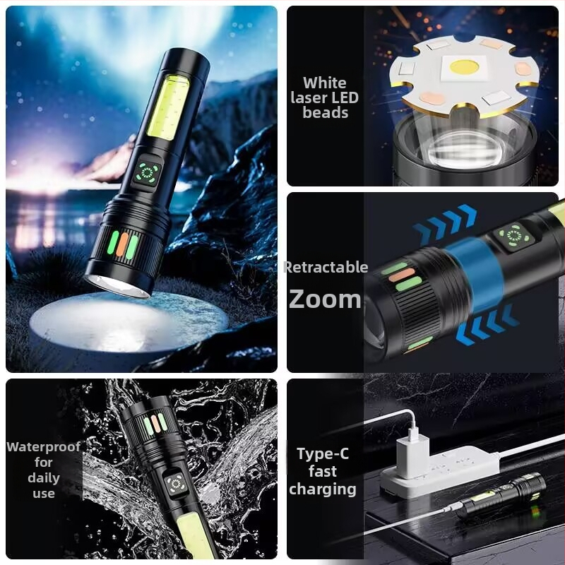 Hosszú hatótávolságú zseblámpa lézersugárral és oldalsó világítással (Alumíniumötvözet, 10W, 200–500 m hatótáv, 360° forgás)
