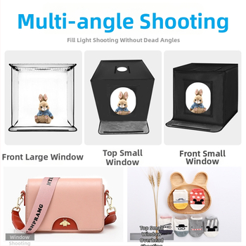 Malé štúdio fotografie s skladacím LED svetelným boxom, kovovým rámom a reflexnou tkaninou, obrazovka 80×80 cm, 5600K, 100–240V.