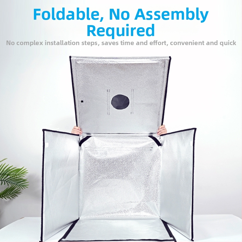 Malé štúdio fotografie s skladacím LED svetelným boxom, kovovým rámom a reflexnou tkaninou, obrazovka 80×80 cm, 5600K, 100–240V.