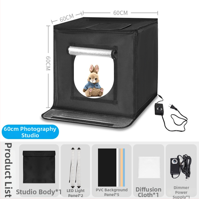 Malé štúdio fotografie s skladacím LED svetelným boxom, kovovým rámom a reflexnou tkaninou, obrazovka 80×80 cm, 5600K, 100–240V.