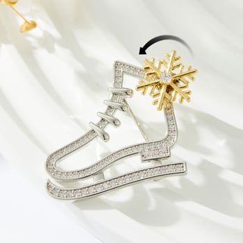 Jégkorcsolya brooch forgó hópehely – rézötvözet, elektroplakálás, mikro pavé cirkón kövek, nőknek, könnyed luxus stílus