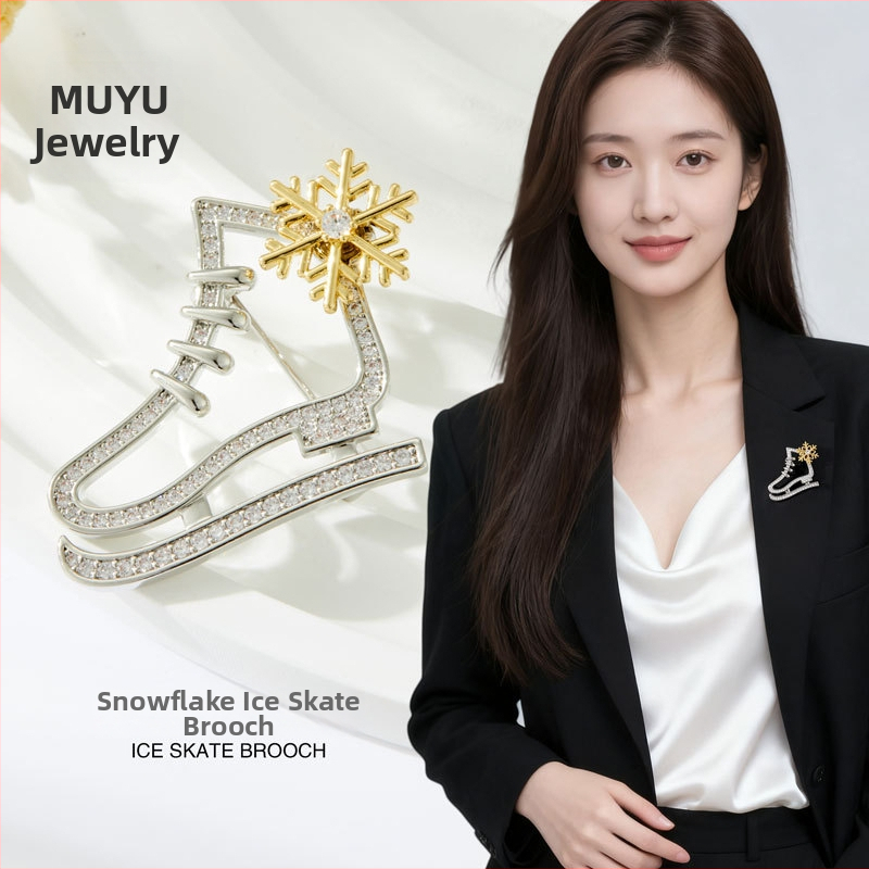 Jégkorcsolya brooch forgó hópehely – rézötvözet, elektroplakálás, mikro pavé cirkón kövek, nőknek, könnyed luxus stílus