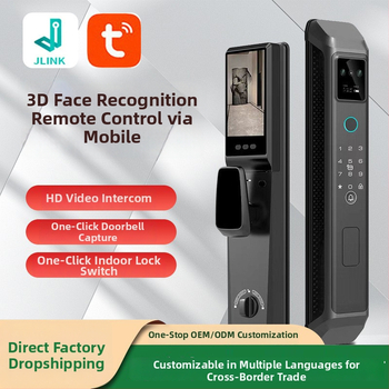 3D arcfelismeréssel és videó interkommal rendelkező intelligens zár — hozzáférés jelszó és ujjlenyomat alapú, 50 ujjlenyomat tárolás, <0,5 s beolvasás, FAR 0,0001%, -20–70°C, >10 000 ciklus