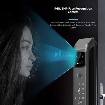 3D arcfelismeréssel és videó interkommal rendelkező intelligens zár — hozzáférés jelszó és ujjlenyomat alapú, 50 ujjlenyomat tárolás, <0,5 s beolvasás, FAR 0,0001%, -20–70°C, >10 000 ciklus