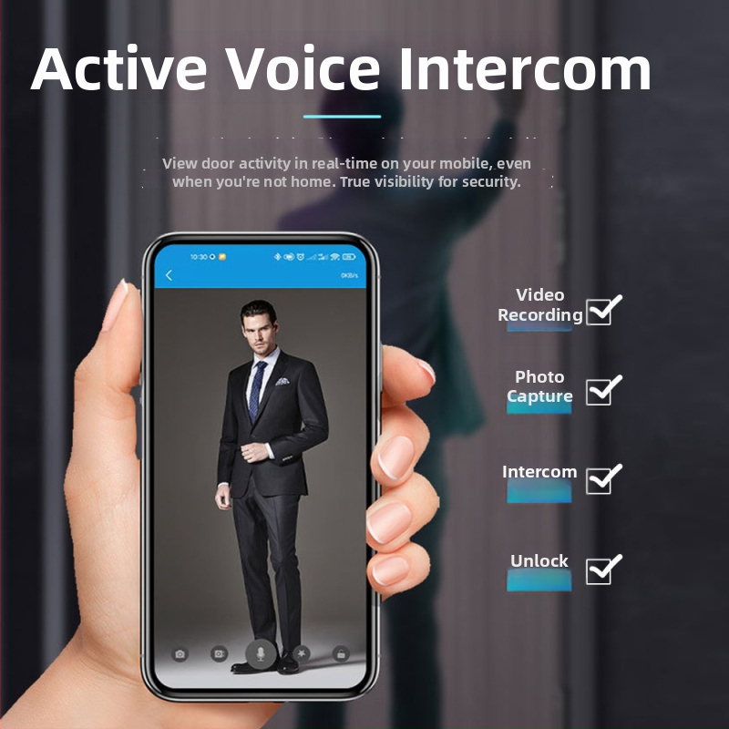 3D arcfelismeréssel és videó interkommal rendelkező intelligens zár — hozzáférés jelszó és ujjlenyomat alapú, 50 ujjlenyomat tárolás, <0,5 s beolvasás, FAR 0,0001%, -20–70°C, >10 000 ciklus