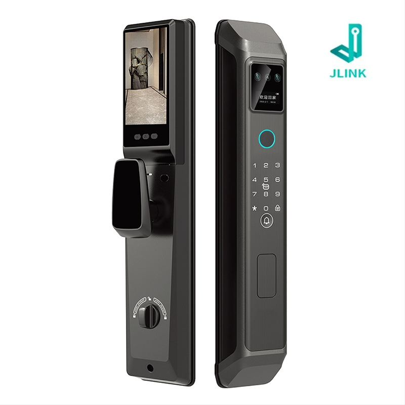 3D arcfelismeréssel és videó interkommal rendelkező intelligens zár — hozzáférés jelszó és ujjlenyomat alapú, 50 ujjlenyomat tárolás, <0,5 s beolvasás, FAR 0,0001%, -20–70°C, >10 000 ciklus