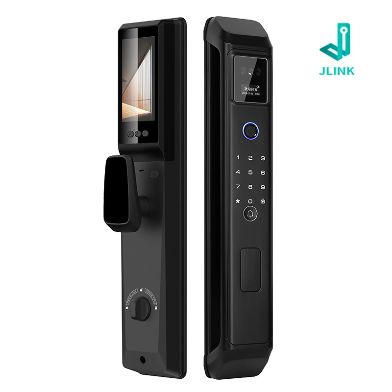 3D arcfelismeréssel és videó interkommal rendelkező intelligens zár — hozzáférés jelszó és ujjlenyomat alapú, 50 ujjlenyomat tárolás, <0,5 s beolvasás, FAR 0,0001%, -20–70°C, >10 000 ciklus