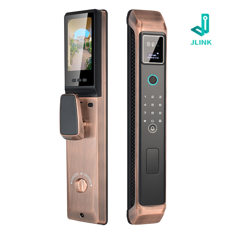 3D arcfelismeréssel és videó interkommal rendelkező intelligens zár — hozzáférés jelszó és ujjlenyomat alapú, 50 ujjlenyomat tárolás, <0,5 s beolvasás, FAR 0,0001%, -20–70°C, >10 000 ciklus