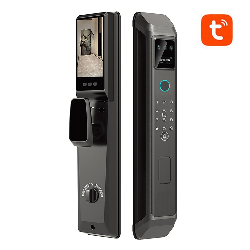 3D arcfelismeréssel és videó interkommal rendelkező intelligens zár — hozzáférés jelszó és ujjlenyomat alapú, 50 ujjlenyomat tárolás, <0,5 s beolvasás, FAR 0,0001%, -20–70°C, >10 000 ciklus